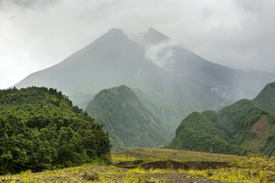 Mountain Merapi volcano at rainy day, Java, Indonesia