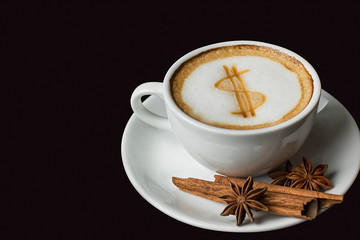 dollar sign on latte art coffee cup