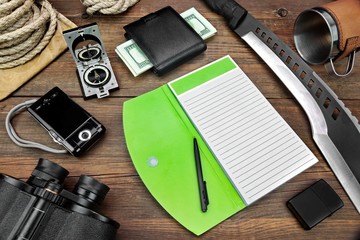 Desktop With Large Group Of  Objects For Travel, Expedition, Exp