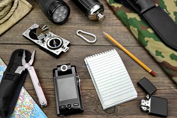 Desktop With Large Group Of  Objects For Travel, Expedition, Exp
