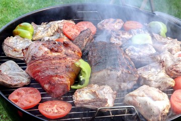 Assorted BBQ Roasted  Pork And Chicken Meat With Vegetables