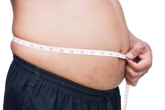 Man measuring belly fat itself,
