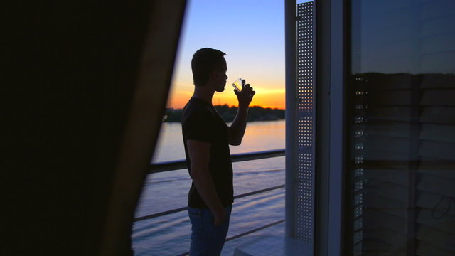 3 in 1 video! Man stand on the ship balcony and drink water by sunset and boat 