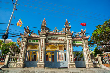 Beautiful temple,entrance gateOid church, under sunny sky.Mui Ne, Vietnam.