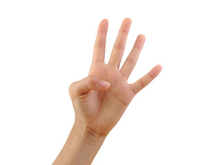 Girl hand showing four fingers isolated on a white background