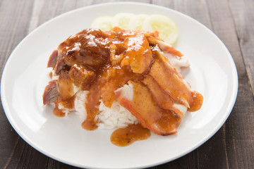 BBQ Pork and Crispy Pork over Rice with Sweet Gravy Sauce