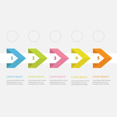 Infographic five step  ribbon arrow dashed circle and text. Template. Timeline Flat design.