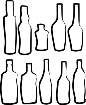 ten bottle sketches isolated on white