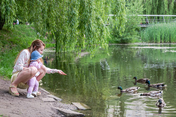 Fototapeta na wymiar Mom and daughter feeding ducks in a park on the lake