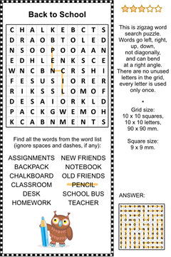 Back to scool themed word search puzzle. Answer included.
