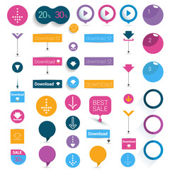 Set of buttons. Colorful shapes, arrows, pictogram. 