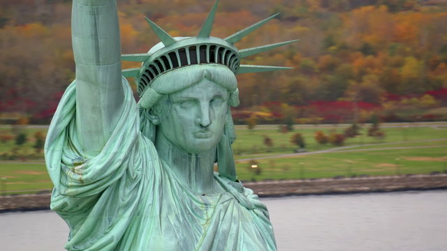 Statue of Liberty closeup, aerial shot