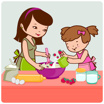 Mother and daughter cooking in the kitchen. Vector illustration