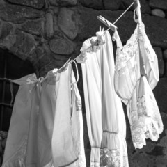 Hanging clothes. Black and white photo