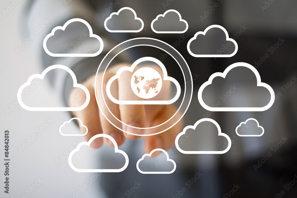 Poster businessman touch button web cloud map network