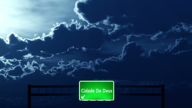 Passing under Favela Cidade De Deus Brazil Highway Road Sign at Night
  