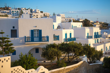 Greek white houses in sunset at Mykonos town, Mykonos, Greece