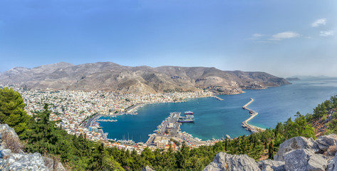 Fototapeta premium Panoramic view of Pothia capital of Kalymnos island in Dodecanese Greece