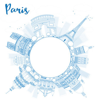 Outline Paris skyline with blue landmarks and copy space