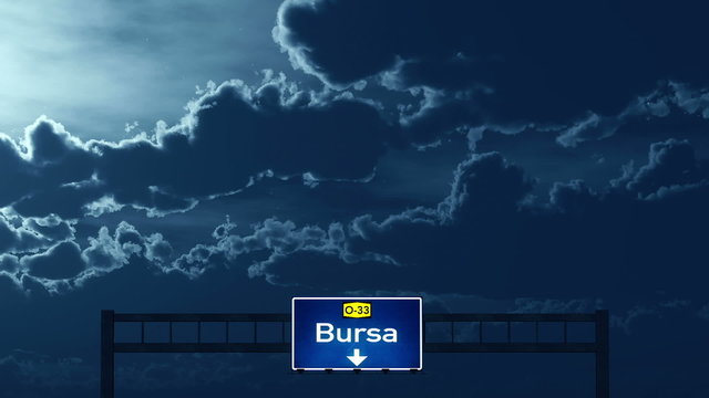Passing under Bursa Turkey Highway Road Sign at Night
  