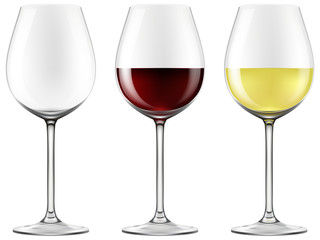 Wine glasses - empty, red wine and white wine.