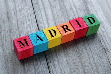 word Madrid on colorful wooden cubes