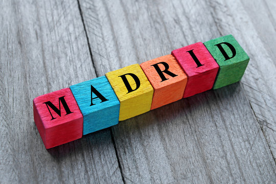 word Madrid on colorful wooden cubes