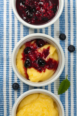 Banana Vanilla Pudding with Blueberry Compote. Selective focus.