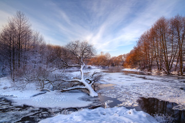 Lonely fallen tree on the background of the frozen, icy river at sunset