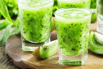 Green healthy drink fresh fruit and vegetables, selective focus