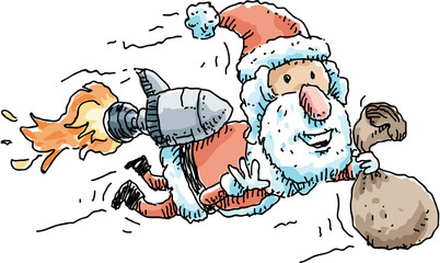 Cartoon Santa flies through the air with a sack and backpack rocket.