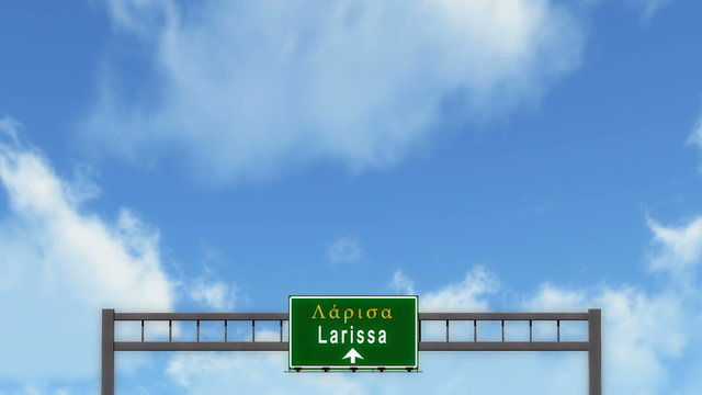 Passing under Larissa Greece Highway Road Sign 
  