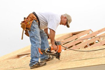 Framing contractor installing roof sheeting over rafters