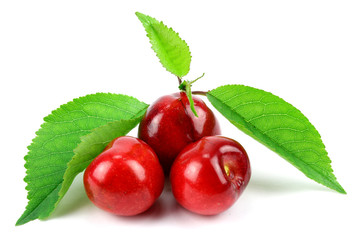 Fototapeta na wymiar Sweet Cherry with stem and leaf on white background