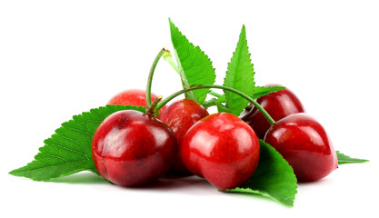Obraz premium Sweet Cherry with stem and leaf