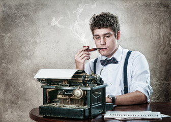 journalist with a vintage typewriter,bow tie, and pipe