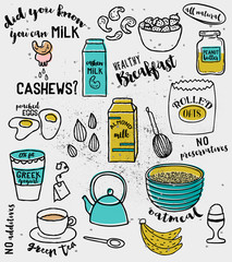 Healthy Breakfast - Doodle illustration of ingredients for a healthy breakfast, including rolled oats, almond and cashew milk, Greek yogurt, bananas, strawberries and green tea, hand drawn