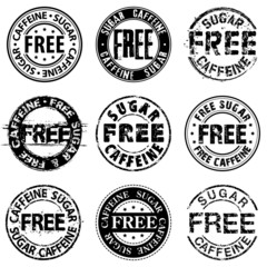 Free sugar and caffeine round stamps. 9 design variations of sign Free sugar and caffeine