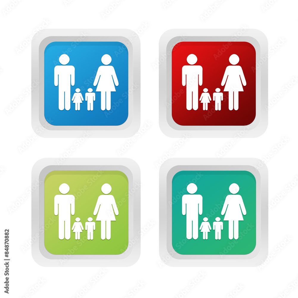 Poster set of squared colorful buttons with family symbol