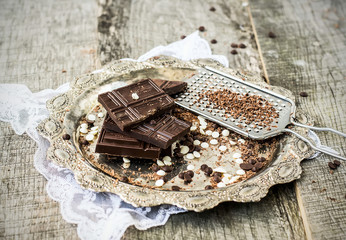 Dark chocolate, chocolate drops with white and dark chocolate