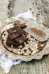 Dark chocolate, chocolate drops with white and dark chocolate