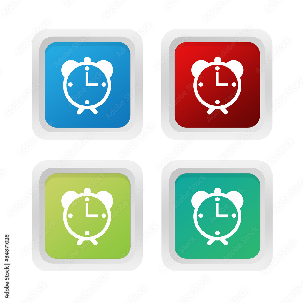 Poster set of squared colorful buttons with alarm clock symbol