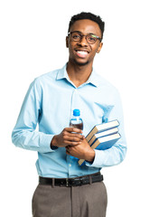 Happy african american college student with books and bottle of