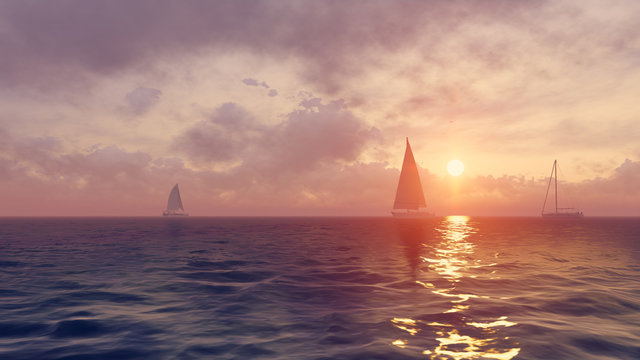 Sailboats Silhouettes At Sunrise