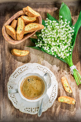 Delicious cantuccini with coffee