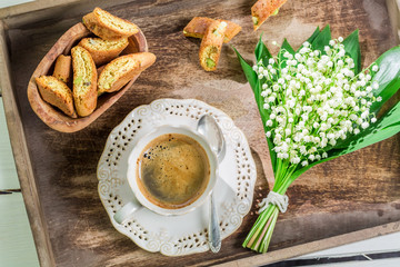 Sweet cantucci with coffee