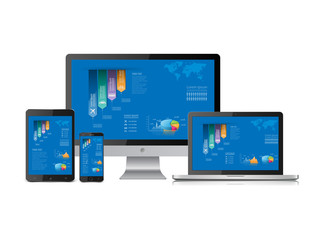 Computer statistics vector with laptop, tablet and smartphone