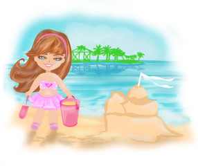 Little girl at tropical beach making sand castle