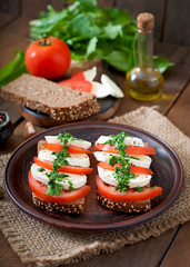 Useful dietary sandwiches with mozzarella, tomatoes and rye bread