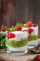 Creamy dessert with strawberries and kiwi